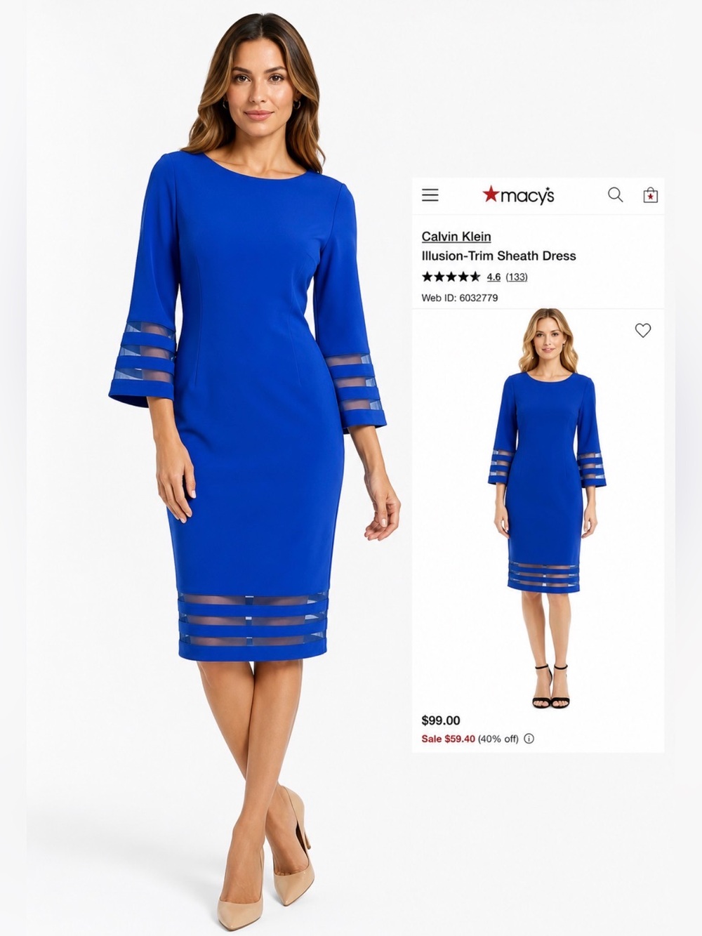 NWOT Calvin Klein Cobalt Blue Illusion-Trim Midi Sheath Dress